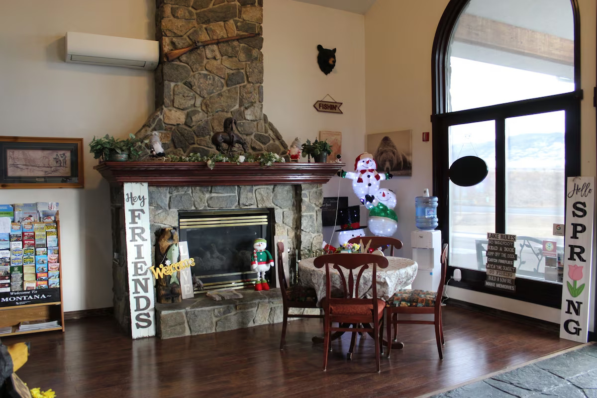 Christmas decorations set up in the lobby